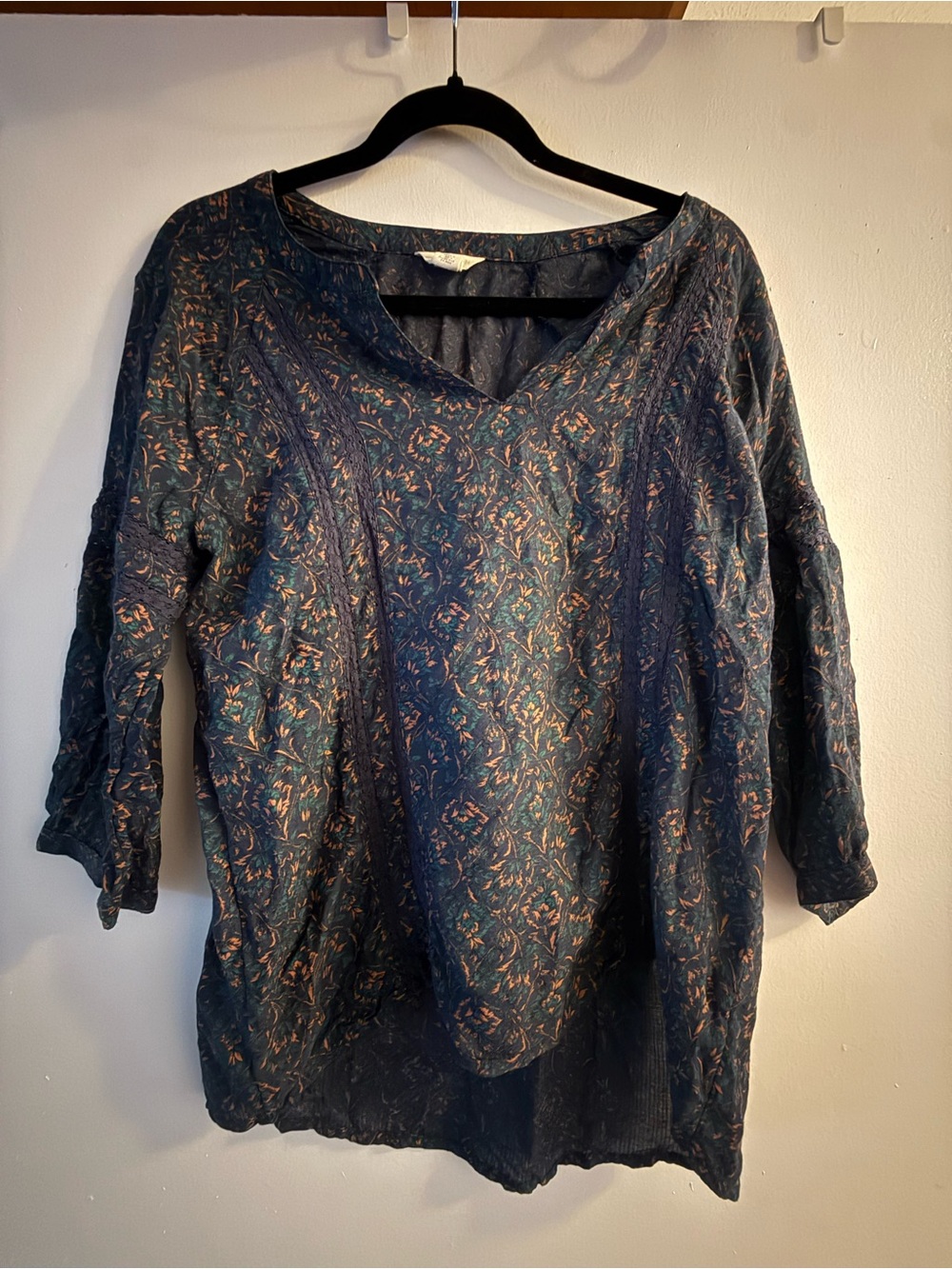 Caslon Navy Floral V-Neck Tunic with Rust Highlights
